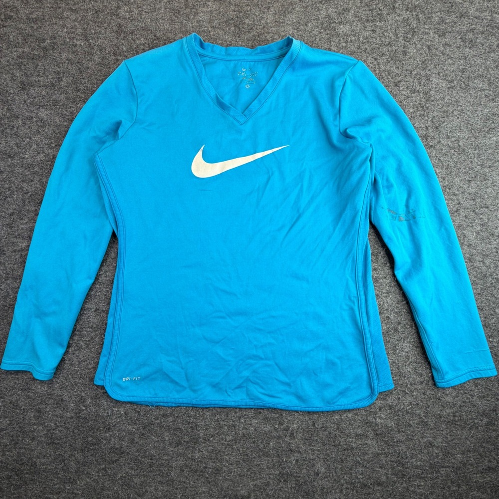 Nike Dri-FIT V-Neck Shirt Women‎ Large Blue Long Sleeve Swoosh 396307-494 (READ)